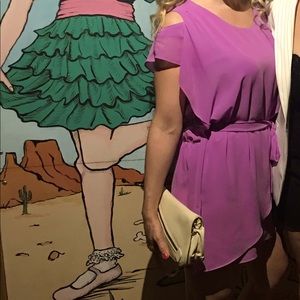 Cross over lilac mini dress. Flowy short dress, adjustable belt. Cold shoulder
